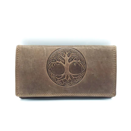 Portofel damă din piele naturală – model Pomul vieții, maro închis