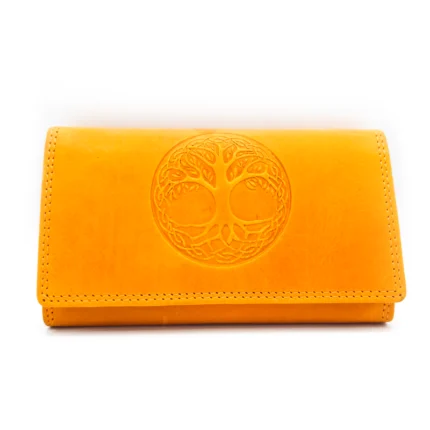 Portofel damă din piele naturală – model Pomul vieții, portocaliu