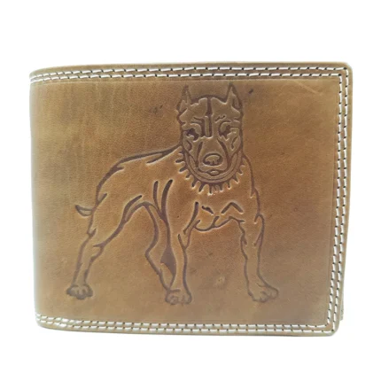 Portofel bărbați cu grafică din piele naturală fără capsă - Câine Pitbull maro